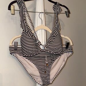 Tory Burch ruffle stripe bikini swimsuit top medium bottom large excellent